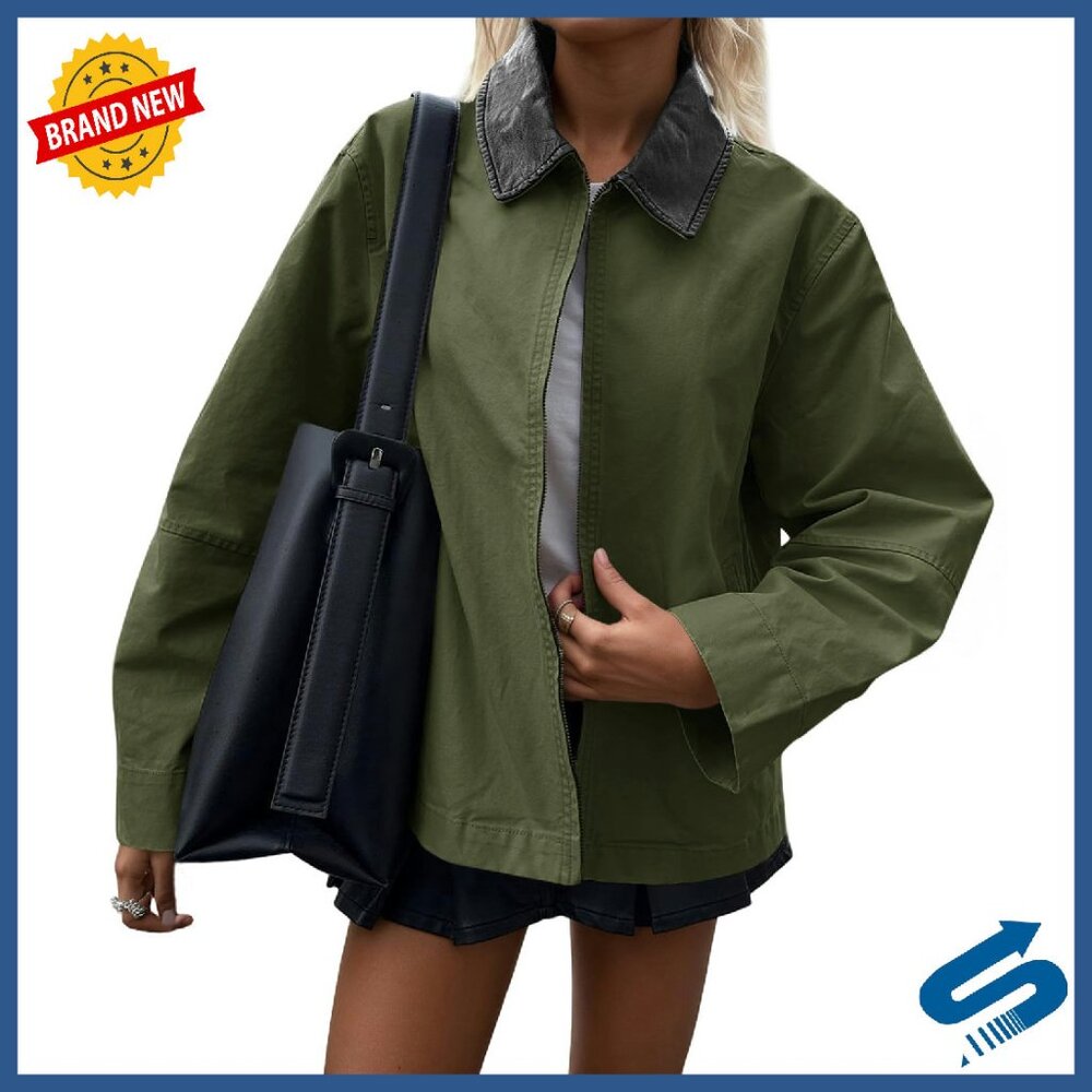Oversized Cotton Canvas Barn Jacket Lightweight Casual Zip Up Coat